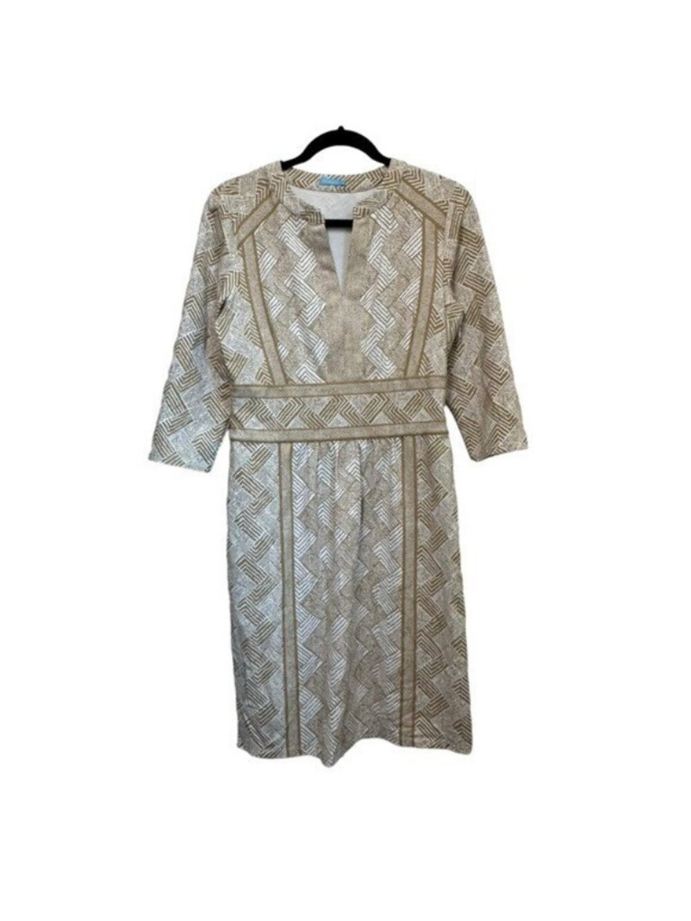 J McLaughlin M Lola Dress 3/4 Sleeve Split V-Neck Geometric Print Jersey Tan